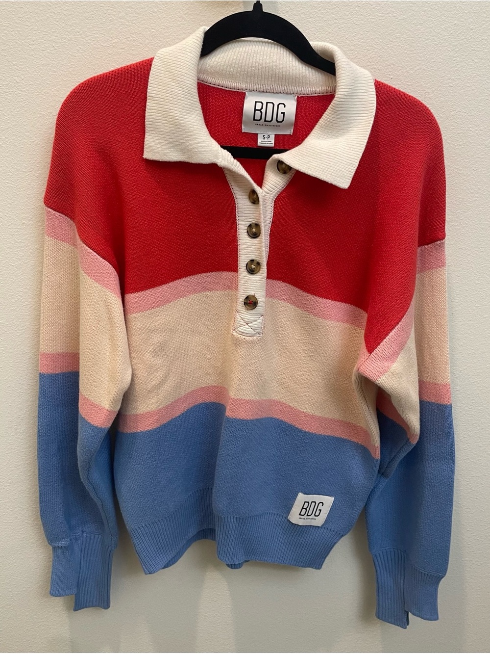 Urban Outfitters BDG Oversized Cotton Colorblock Polo Sweater Red, Cream, Blue